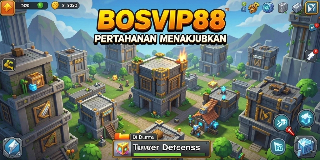 Tangkapan layar utama gameplay Tower Defense penuh aksi.