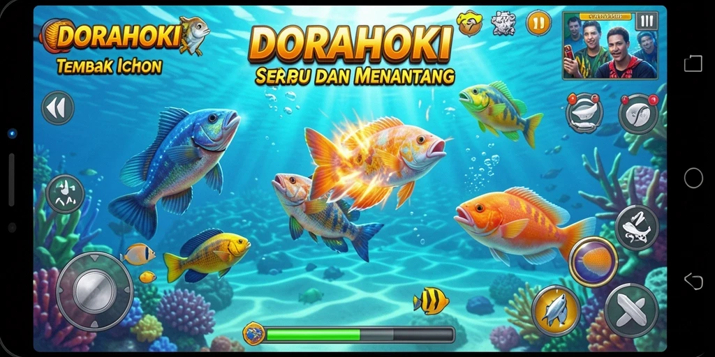 Screenshot gameplay DORAHOKI dengan tampilan menawan saat menangkap ikan.