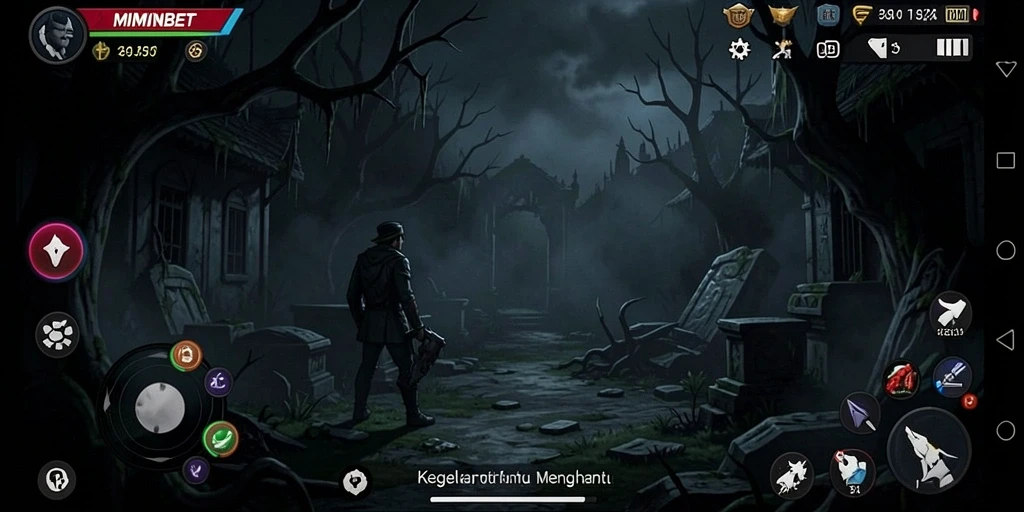 Screenshot MIMINBET menampilkan suasana mencekam saat menjelajah kegelapan.